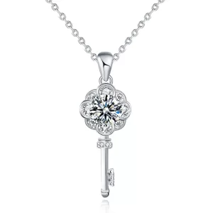 925 Sterling Silver 1 Carat Moissanite Key Pendant Necklace Women Girls Wedding Proposal Gift
